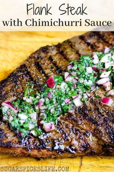 grilled steak with chimicchuri sauce and red onions