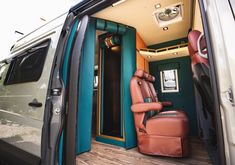 the interior of a van with an open door