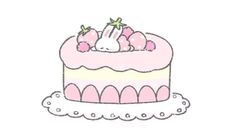 a drawing of a pink cake with white frosting and strawberries on the top