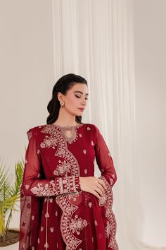 Luxury Embroidered Deep Red Pakistani Salwar Kameez Dupatta Suit exquisite embellishments with colored sequence and crystals along the neckline, sleeves and side slits give it a modern chic look. Complemented by a khaadi net resham threads embroidered dupatta with lace finishings and straight pants with side embroidery finishings. Embroidered Kameez: The kameez has a beautiful red color and it is gracefully emblazoned with intricate designs and embroidery. Floral details and hand-crafted work of Pakistani Salwar, Chiffon Sleeves, Pakistani Salwar Kameez, Embroidered Chiffon, Chiffon Dupatta, Silk Trousers, Dyed Linen, Organza Dupatta, Net Dupatta