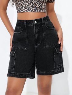 Women's Loose-Fitting Casual Denim Shorts With Workwear Style Pockets Black Casual   Denim Plain Bermuda Non-Stretch  Women Clothing, size features are:Bust: ,Length: ,Sleeve Length: Black Cargo Shorts Women, Long Jean Shorts, Women Denim Shorts, Casual Denim Shorts, Workwear Style, Black Jean Shorts, Workwear Fashion, Shorts Casual, Denim Shorts Women