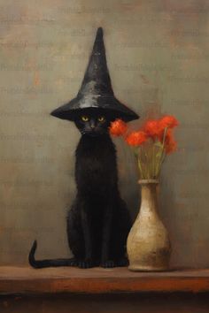 a painting of a black cat sitting next to a vase with orange flowers in it