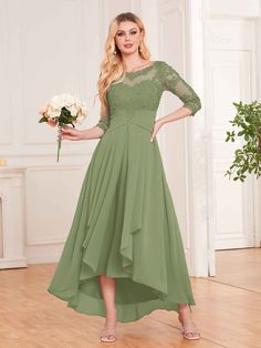 #color_Olive Green Olive Green Bridesmaid Dresses, Bridesmaid Dresses Dusty Sage, Lace Chiffon Bridesmaid Dress, Short Sleeves Dress, Dress Asymmetrical, Green Bridesmaid Dresses, Illusion Neckline, Lace Bridesmaid Dresses, Dress Dusty