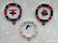 Spiderman, Miles Morales and Gwen Stacy Matching Bracelet 🕷️💙❤️🤍  Perfect for anyone who loves Spiderman!! Cute couples gift idea 🫶🏼 Bracelets fit wrist size 16cm-18cm If you require any of the bracelets to be slightly larger or smaller please let us know!! (When ordering the bracelets seperately they do not come with the heart magent! If you are ordering two bracelets to be sent to different addresses and would like a heart magnet please message us or leave a private note to seller.) Pleas Bracelet Ideas Spiderman, Miles And Gwen Bracelet, Spiderman Matching Bracelets, Spiderman Bracelet Beads, Spiderman Miles Morales And Gwen, Spiderman Bracelet Pattern, Spiderman Beaded Bracelet, Spiderman Kandi, Gwen Bracelet