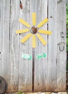 a wooden door with yellow stickers on it