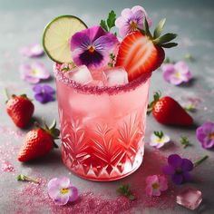 a pink cocktail with strawberries and flowers on the side