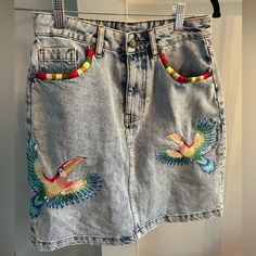 Farm Rio For Anthropologie Embroidered Denim Mini Skirt In Size Xs. New With Tags Embroidered Medium Wash Denim Skirt, Casual Denim Skirt With Floral Embroidery, Casual Embroidered Denim Blue Skirt, Casual Embroidered Denim Skirt, Casual Embroidered Denim Skirt For Summer, Embroidered Medium Wash Denim Skirt For Summer, Summer Denim Bottoms With Multicolor Embroidery, Denim Skirt With Floral Embroidery, Casual Embroidered Medium Wash Denim Skirt