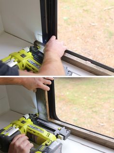 two pictures of the same window being installed with drillers and screwdrivers on each side