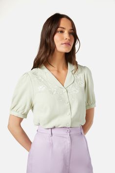 mint Puff Sleeve Button Up, Fitted Floral Embroidery Shirt For Workwear, Summer Blouse With Collar And Button Closure, Embroidered Collared Tops For Work, Short Sleeve Embroidered Shirt For Work, Fitted Embroidered Top With Collared Neckline, Fitted Blouse With Cuffed Sleeves For Spring, Spring Workwear Puff Sleeve Top, Summer Embroidered Shirt With Collared Neckline