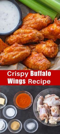 crispy buffalo wings recipe with dipping sauce and celery sticks on the side