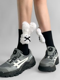 Step up your Kawaii fashion game with these charming black/gray socks. Each sock features an adorable plush bunny decoration on the side. The delicate bowknot details further enhance the sweet and stylish look. Harajuku Black Socks For Spring, Bunny Socks, Kuromi Socks, Goth Socks, Harajuku Style Black Knee-high Socks, Male Steampunk, Steampunk Fashion Female, Grey Socks, Steampunk Fashion Male