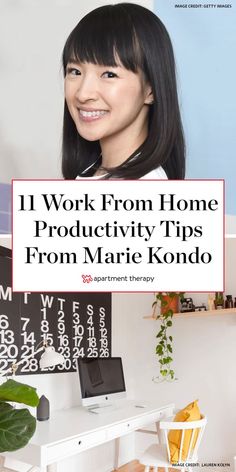 a woman sitting at a desk with the words work from home productivity tips from mario kondo