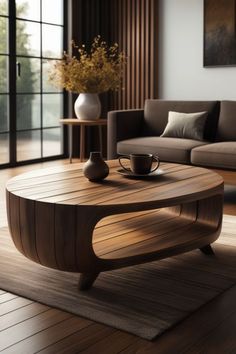 a coffee table with a bowl on it in a living room