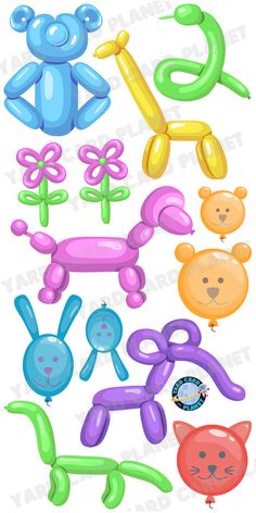 an assortment of balloons in the shape of animals and letters for children's birthdays