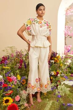 Shop for Chandrima Ivory Chanderi Floral Applique Bell Bottom Pant for Women Online at Aza Fashions Patch Work Top, Co Ords Outfits, Floral Patches, Ivory Fabric, Pleated Top, Pleat Top, Patch Work, Bell Bottom Pants, Designer Dresses Indian