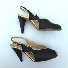 Rare Vintage Maud Frizon Paris Black Satin + gold trim open toe heels 6 /37 FAB | eBay Classic Gold Evening Sandals, Vintage Party Sandals With Padded Heel, Sculpted Heel Open Toe Heels For Galas, Classic Open Toe Heels For Galas, Gold Open Toe Sandals With Contrasting Heel Counter, Retro Formal Sandals With Pointed Toe, Formal Retro Pointed Toe Sandals, Vintage Black Sandals With Open Heel, Vintage Open Heel Evening Heels