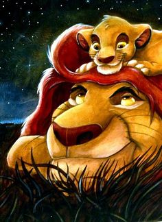 the lion king and cub are hugging each other