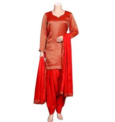 *Gold Color Betel-leaf designed on Red Color Jacquard-weaving soft and silky Sweetheart Neck Design Kameez/Tunic *Semi Patiala masterly stitched Salwar (3.5-meter fabric used for this salwar) *Red Color Viscose Silk full-size Dupatta/Stole with Matching Border *This Punjabi-Suit/Indian-outfit to dress-up most of your Parties, Weddings, festivals and for Gifts *Top and Bottom have high-quality taffeta linings| Fully stitched by the expert tailor | Made in India Please note the we offer expediate shipping, that only speeds up the shipping time, our processing time will not be effected. Red Silk Unstitched Suit With Traditional Drape, Red Silk Unstitched Suit In Traditional Drape, Red Brocade Kurta With Traditional Drape, Red Brocade Kurta For Festive Occasions, Traditional Red Silk Unstitched Suit, Gold Silk Sets With Traditional Patterns, Silk Sets With Traditional Patterns In Gold, Festive Jacquard Traditional Wear With Pallu, Red Silk Unstitched Suit For Transitional Season