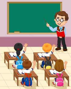 a teacher teaching children in front of a blackboard