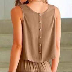 Cute Linen Crop Top 30% Linen 70% Rayon Button Detail On Back Beige Buttoned Tops For Vacation, Casual Tank Top With Buttons, Sleeveless Tops With Buttons For Vacation, Sleeveless Buttoned Top For Vacation, Beige Buttoned Beach Tops, Beige Button Tops For Beach, Beige Buttoned Tops For Beach, Brown Buttoned Tops For Beach, Brown Buttoned Top For Vacation