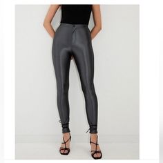 Brand New. Stretchy. Comfy! Sleek Metallic Bottoms, Sleek Fitted Metallic Bottoms, Sleek High Stretch Bottoms For Party, Trendy Fitted Metallic Bottoms, Black High-stretch Party Pants, Metallic High Rise Fitted Bottoms, Fitted High Rise Metallic Bottoms, Metallic Fitted Leggings For Party, Gray Stretch Bottoms For Party