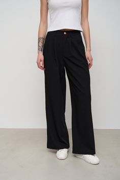 Elevate your business attire with our classic straight-cut trousers. The high cotton content ensures comfort, while the subtle accent button adds a touch of sophistication. Perfect for the modern business professional. Short Tank Top, Black Wide Leg Pants, Classic Pants, Business Professional, Jean Top, Black Dress Pants, Business Attire, Blazer Dress, Long Sweaters