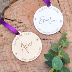 two personalized metal tags sitting on top of a piece of wood next to a plant