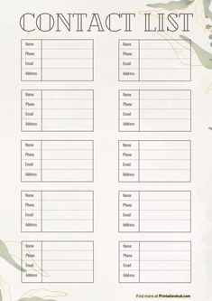 a printable contact list with flowers on it