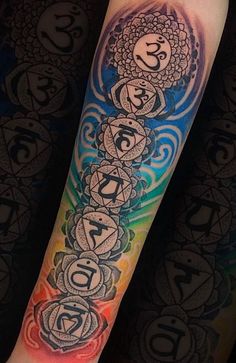 a colorful tattoo on the arm with numbers and symbols