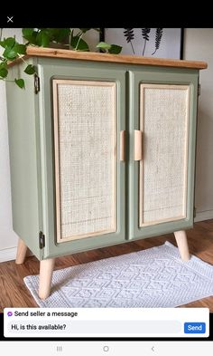 a green cabinet with two doors and some plants on top of the door, next to a rug