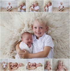 a collage of photos shows a baby and his mother holding their newborn sibling in the middle