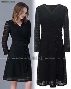 10% off now|Free shipping world-wide. L-5XL Little Black Aline Lace Dress Vneck with Sleeves at GemGrace. Click to learn our pro custom-made service for wedding dress, formal dress. View #SemiFormalDresses for more ideas. Black V-neck Lace Patchwork Dress, Black V-neck Dresses With Lace Trim, Black V-neck Surplice Neckline Dress For Fall, Black Fitted V-neck Lace Dress, Black Fitted Lace Dress With V-neck, Lace Aline Dress, Best Wedding Guest Dresses, For Wedding Dress, Semi Formal Dresses