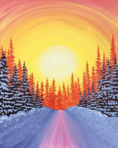 a painting of a snowy road with trees and the sun setting in the distance behind it