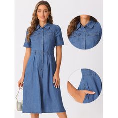 The A-line silhouette flatters your figure, while the button-up front and collared neckline add a touch of sophistication to the casual denim fabric. Denim Dress for Women, is a versatile and stylish addition to your wardrobe. This collared short-sleeved A-line button-up jean midi dress offers a timeless and chic look suitable for various occasions. Non-stretch Button-up Denim Dress, Collared Denim Dress With Button Closure For Work, Denim Blue Knee-length Shirt Dress With Button Closure, Spring Collared Denim Dress With Buttons, Non-stretch Buttoned Denim Dress, Denim Collared Shirt Dress With Button Closure, Fitted Collared Denim Dress With Buttoned Pockets, Collared Medium Wash Shirt Dress With Buttons, Medium Wash Collared Shirt Dress With Buttons