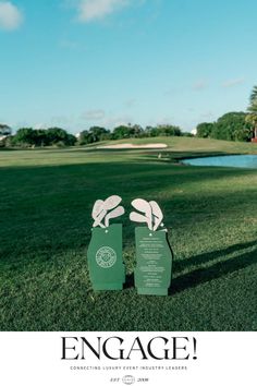 an advertisement for the engagement party with two green bottles in front of a pond and palm trees