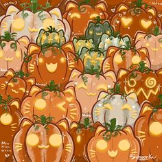 an image of many pumpkins with faces drawn on them in the shape of cats