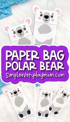 the paper bag polar bear craft is shown on a marble surface with text overlay