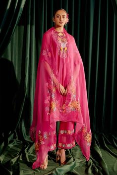 Fuchsia pink chanderi kurta with 3D floral applique, beads, threads and cutwork embroidery. Paired with coordinating pant. - Aza Fashions Pink Organza Kurta With Traditional Drape, Pink Tissue Silk Salwar Kameez With Resham Embroidery, Pink Unstitched Organza Kurta, Pink Tissue Silk Salwar Kameez With Traditional Drape, Designer Pink Organza Kurta, Pink Organza Kurta With Sheer Dupatta, Pink Organza Traditional Wear For Eid, Pink Organza Palazzo Set With Sheer Dupatta, Eid Pink Organza Traditional Wear