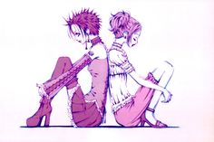 two anime characters sitting on the ground with their legs crossed and looking at each other