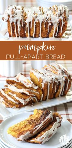 pumpkin pull apart bread with white frosting on top and cinnamon roll in the middle