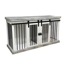 a white cabinet with black iron bars on the top and bottom, against a white background