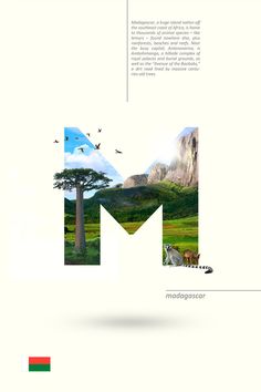 the letter m is made up of photoshopped animals and trees with mountains in the background