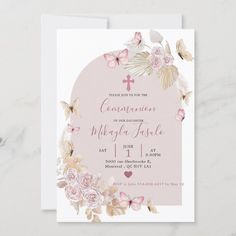 Create your own Invitation | Zazzle Baptism Theme Ideas Girl, Baptism First Birthday Girl, Baptism Butterfly Theme, Baptism Party Ideas Girl, Christening Themes Girl, Butterfly Baptism Theme, Baby Girl Baptism Ideas, Boho Baptism Decorations, Girl Baptism Ideas