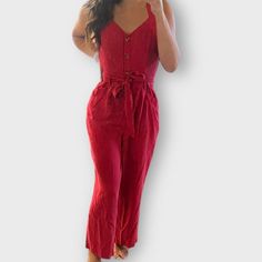 Nwt Bright Red Button-Up Jumpsuit Original Price: $129 Condition: New With Tag; Excellent Condition; Unworn Size: Small Color: Bright Red Brand: A Loves A Details: Button Up; Cropped; Jumper; Belt Around Waist Search For The Sunflower Emoji In My Store To Choose Your Free Add-On Item With Purchase Casual Red Jumpsuits And Rompers For Work, Red V-neck Jumpsuit And Romper, Casual Red Solid Color Jumpsuits And Rompers, Casual Red Jumpsuits And Rompers, Casual Red Jumpsuit And Romper, Sleeveless Jumpsuit With Buttons For Day Out, Red High-waisted Jumpsuits And Rompers For Summer, Fitted Red Overalls, Red Solid Color Jumpsuits And Rompers For Spring