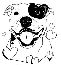 a black and white drawing of a dog with hearts on it's chest, smiling