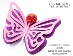 a paper butterfly with a candy in it's mouth and the words digital gems on it