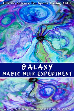 a close up of a bowl filled with liquid and the words galaxy magic milk experiment