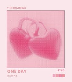 a pink poster with two heart shaped objects in the middle and one on it's side