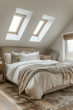 a bed sitting under two windows in a bedroom next to a rug on the floor