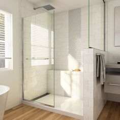 a bathroom with a glass shower door next to a bathtub and sink in it